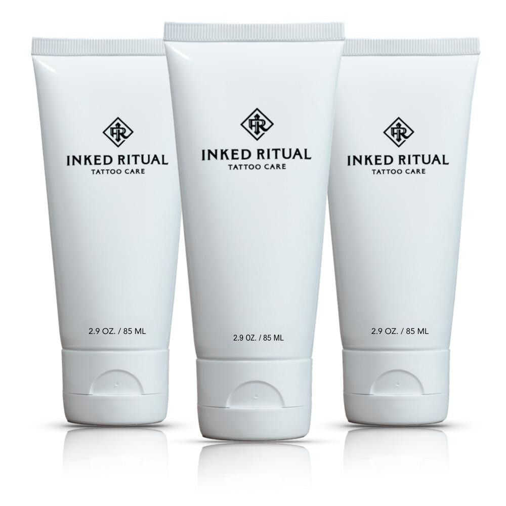 Inked Ritual Tattoo Care, premium tattoo aftercare lotion, in three 2.9 oz white tubes with moisturizing and skin healing formula, displayed on a pristine background.